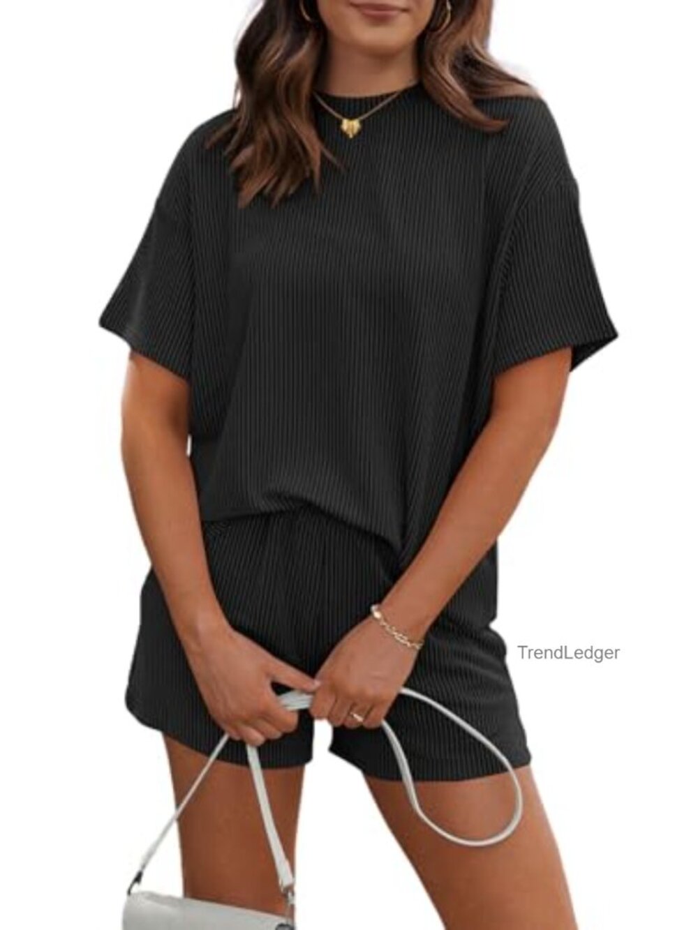 Ribbed Knit Two Piece Short Set - Short Sleeve Crewneck Lounge Set Loose Fit